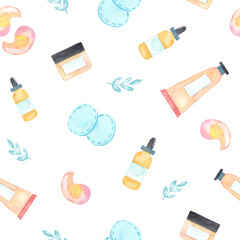 Skin Care Kit. Seamless pattern. Watercolor elements on a white background