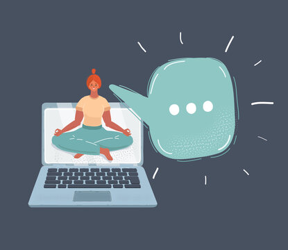 Woman in lotus position announcing online yoga practice via laptop.