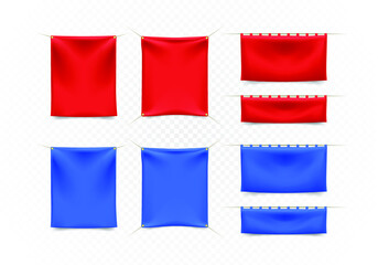 Set of High Quality Red and Blue Textile Banners with Folds with Ropes on White Background . Isolated Vector Elements 
