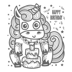 Background of lovely unicorn happy birthday card vector illustration