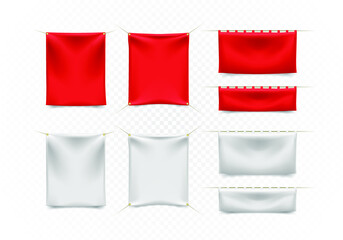 Set of High Quality Red and White Textile Banners with Folds with Ropes on White Background . Isolated Vector Elements 