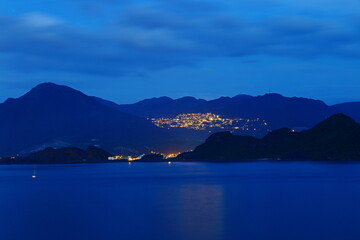 Naklejka premium The Jiufen old street at night in Taipei Taiwan, a popular tourist and local destination