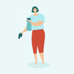 Woman cleaning a house. Housewife with a rag and a spray in her hands. The concept of home cleaning and cleanliness. Flat vector illustration on a light blue background.