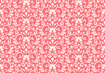 Floral pattern. Vintage wallpaper in the Baroque style. Seamless vector background. White and pink ornament for fabric, wallpaper, packaging. Ornate Damask flower ornament