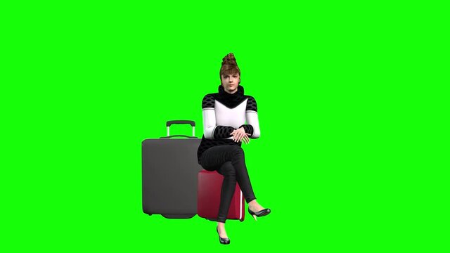 Animation showing a  avatar young woman who waves to someone then sits on travel cases and waits for departure and then stands up shows impatience for the delay.