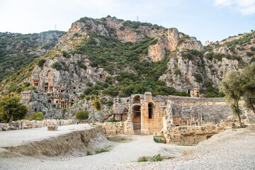Fototapeta na wymiar Lycian rock cut tombs in Myra in Turkey 