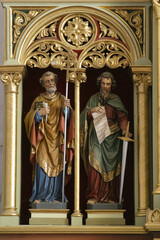 St. Peter and Paul statues on the main altar at St. Stephen's Church The Protomartyr in Stefanje, Croatia