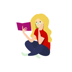 A young girl sits on the floor and reads a book with glasses. Vector illustration, flat cartoon design, eps 10.