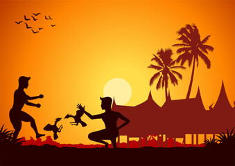 men playing cock fighting gamble around with country rural life in
silhouette style,vector illustration