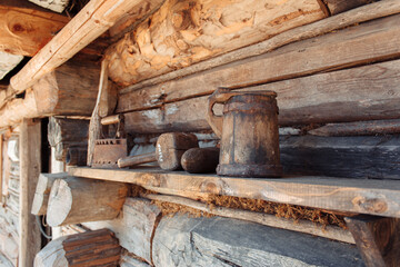 Old rusty kitchen and house tools in village.