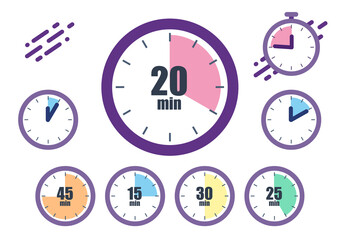 Big Set timers. Concept quickly approaching deadline. Clock icons with minutes remaining before the deadline and stopwatch. Flat style vector illustration.