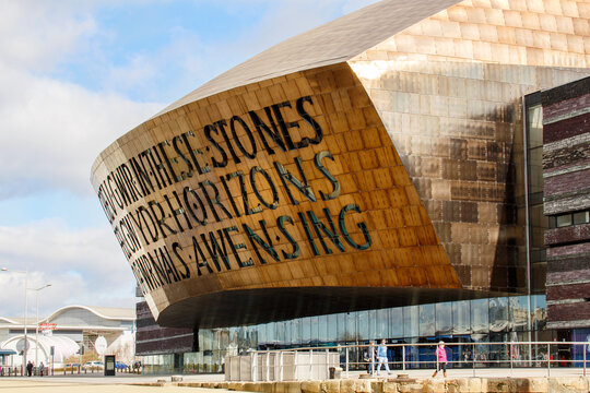 Cardiff, UK: March 10, 2016: Exterior view of the Welsh Millennium Centre, an arts centre in the Cardiff Bay area. The centre houses eight arts organisations including the Welsh National Opera.