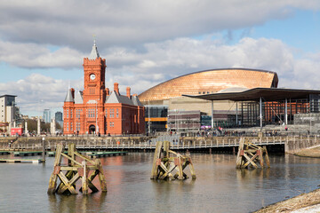 Obraz premium Cardiff Bay is the area created by the Cardiff Barrage in South Cardiff, the capital of Wales. The Welsh National Assembly is located there.
