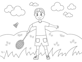 Children's coloring book. A boy plays badminton in nature. Vector illustration.