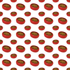 Pattern with cat food in a red plate. On a white background, food in a bowl.