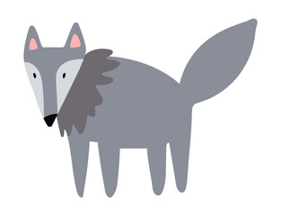 Vector cute wolf stands on a white background isolated clip-art. Print for clothes, goods, products for children and toddlers. Gray animal in flat style