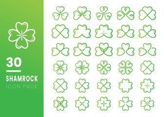 Set of 30 leaf clover icon. Green shamrock isolated on white background. Suitable for web site page and mobile app design vector element.