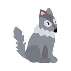 Vector cute wolf sitting on a white background isolated clip-art. Print for clothes, goods, products for children and toddlers. Gray animal in flat style