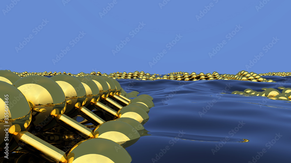 Poster abstract business science or technology background with golden lattice over the water surface. 3d il