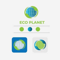 eco planet Logo, environmental protection Sign, Blue and green earth, globe and branch with leaves, ecosystem. Vector illustration Eps10