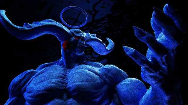 3D composite illustration of Kronos. A man with a skull head, with two horns. 3D rendering. Skull Art
