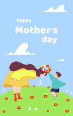 Fototapeta premium The boy gives a wreath of flowers to his mother. Vector flat cartoon illustration. Summer landscape inscription happy mother's day 