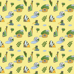 Obraz premium Seamless pattern with reeds, house and clouds