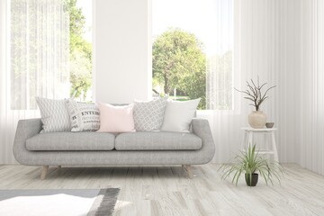 White stylish minimalist room with sofa and summer landscape in window. Scandinavian interior design. 3D illustration