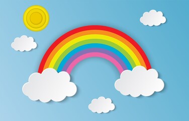 Cloud and Rainbow in the Blue sky with paper art style the concept is summer season. background for children bedroom, baby room decor. Vector illustration
