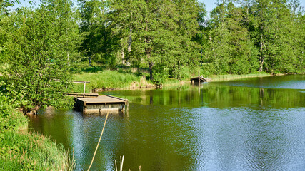 Sweden, Karlskoga, landscape with green trees blue sky, spring. 