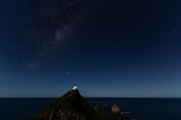 Starry night at Nugget Point Lighthouse, New Zealand, under the Milky Way.