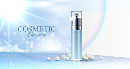Hydrating facial pearl cream for annual sale or festival sale. blue cream mask bottle isolated on glitter particles background for product presentation. Graceful cosmetic ads, Vector illustration.