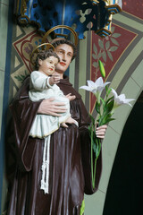 Saint Anthony of Padua holds baby Jesus statue in parish Church of the Nativity of the Virgin Mary in Granesina, Croatia