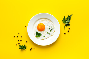 Fried eggs on plate - yellow table top view