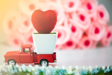 Valentines day , carry on red Truck, Lovely Heart , isolated on white background