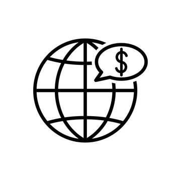 recommend clip art: Icono plano lineal globo terráqueo con dólar en burbuja de habla en color negro