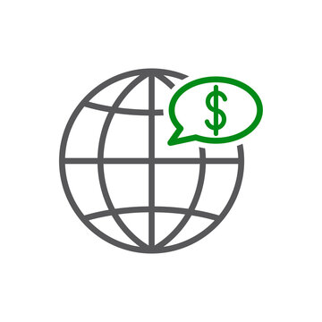 recommend clip art: Icono plano lineal globo terráqueo con dólar en burbuja de habla en verde y negro