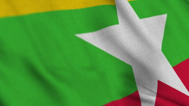 Myanmar national flag waving with fabric texture fluttering in wind in a seamless loop in smooth slowmotion animation background