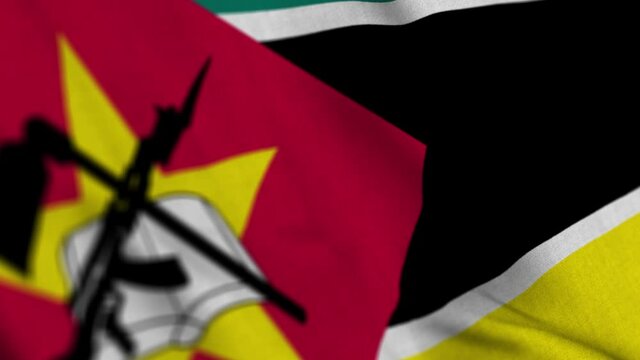 Mozambique national flag waving with fabric texture fluttering in wind in a seamless loop in smooth slowmotion animation background