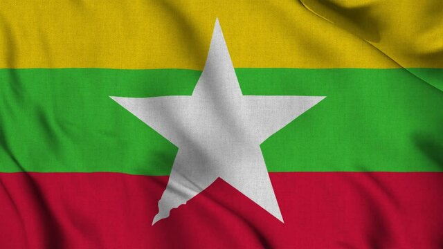 Myanmar national flag waving with fabric texture fluttering in wind in a seamless loop in smooth slowmotion animation background
