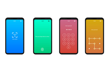 Screen authentication lock. Face unlock, fingerprint, passcode method. Smartphone security with password access. Privacy illustration. Lock your mobile. Lockscreen on mobile. Vector EPS 10.