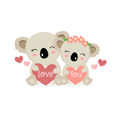 Happy Valentine's Day greeting card with cute couple koalas hold big hearts. 