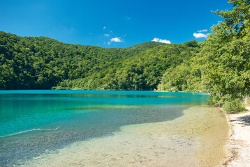 Pure Plitvice lakes on a cloudless sunny day in Croatia
