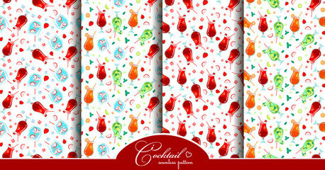 Fototapeta premium Alcoholic juices cocktails - Seamless pattern. Ice, strawberry, dragon fruit in glass. Juicy fruit on white background. Vector summer bar menu illustration. Print set for cover, fabric, wallpaper. 