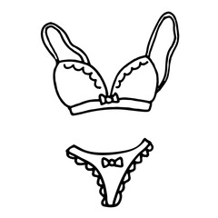 Modern hand drawn black and white women s underwear and lingerie. Beautiful thong and lace bra. White waves pattern on red background. Sensuality and femininity