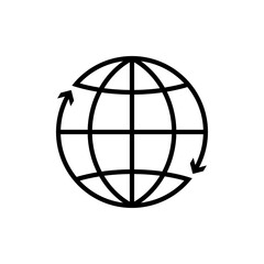 Icono plano lineal globo terráqueo con flechas girando alrededor en color negro