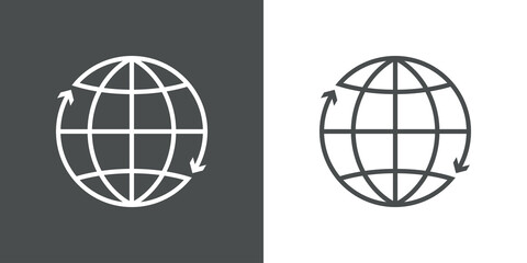 Icono plano lineal globo terráqueo con flechas girando alrededor en fondo gris y fondo blanco © teracreonte