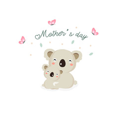 Happy Mother's day card. Mother Koala hugging her baby.