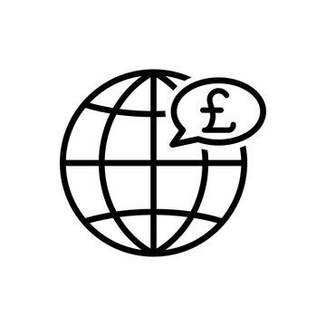 recommend clip art: Icono plano lineal globo terráqueo con libra esterlina en burbuja de habla en color negro