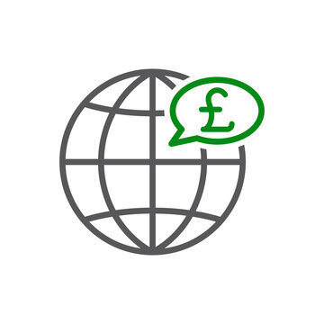 recommend clip art: Icono plano lineal globo terráqueo con libra esterlina en burbuja de habla en verde y negro